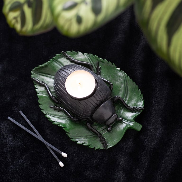 Beetle Tealight Holder - Resin Candle Stand with Green Leaf Design and Creepy Ambiance