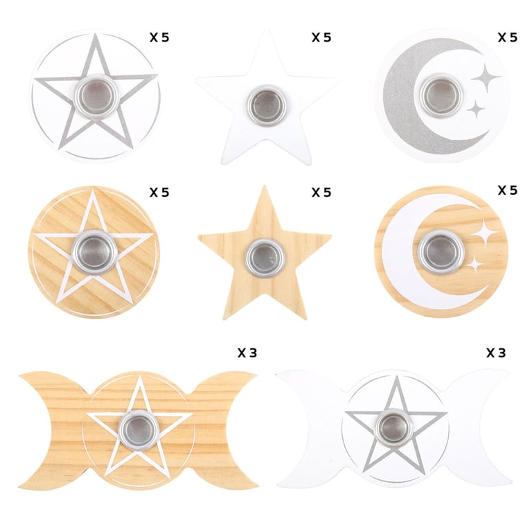 36-Piece Set of White & Natural Wood Spell Candle Holders - Triple Moon, Pentagram, Crescent Moon, and Star Designs