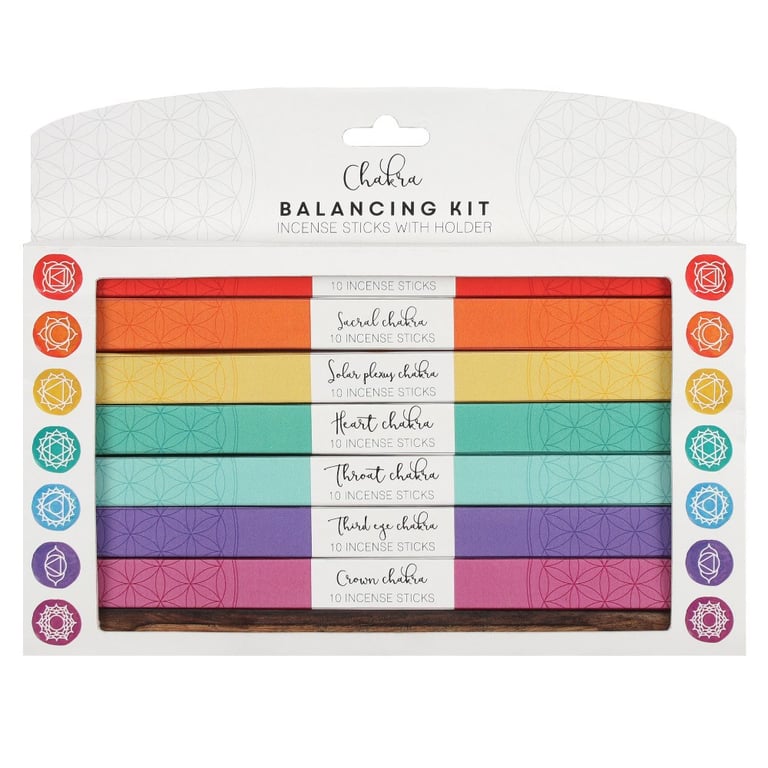 Chakra Incense Balancing Kit - 7 Chakras Fragrance Sticks & Wooden Holder Included