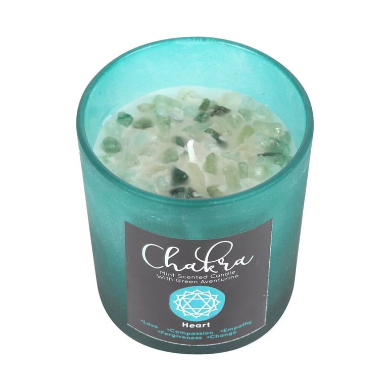 Heart Chakra Mint Crystal Chip Candle - 25 Hour Burn Time, Spiritual Realigning Aromatherapy Candle with Green Aventurine Chips