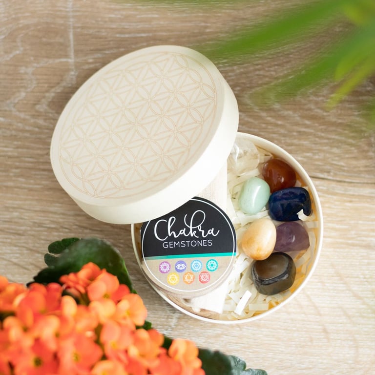Chakra Gemstone Crystal Gift Set - 7 Chakra Balancing Stones in Wooden Flower of Life Box
