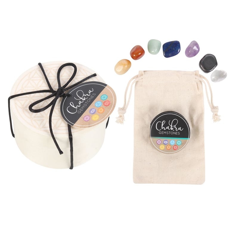 Chakra Gemstone Crystal Gift Set - 7 Chakra Balancing Stones in Wooden Flower of Life Box
