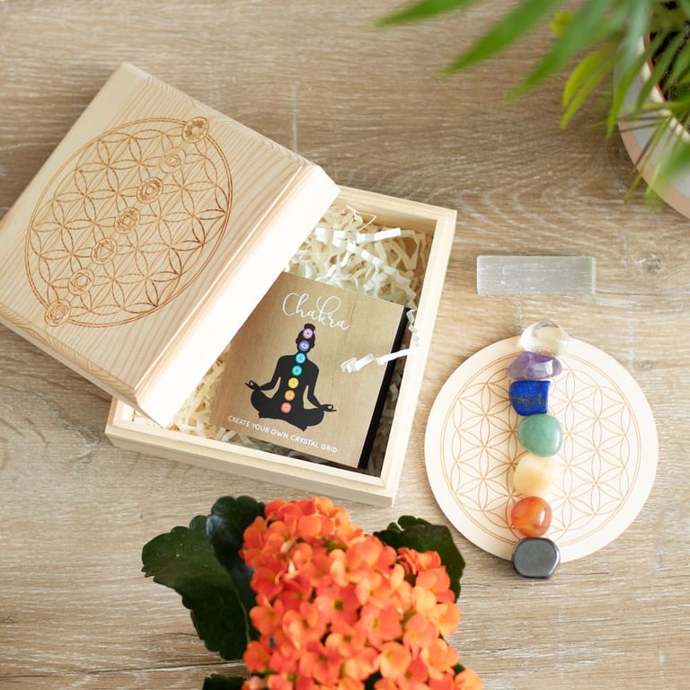Chakra Crystal Grid Gift Set - Balance Your 7 Chakras with Metaphysical Crystals and Selenite Wand