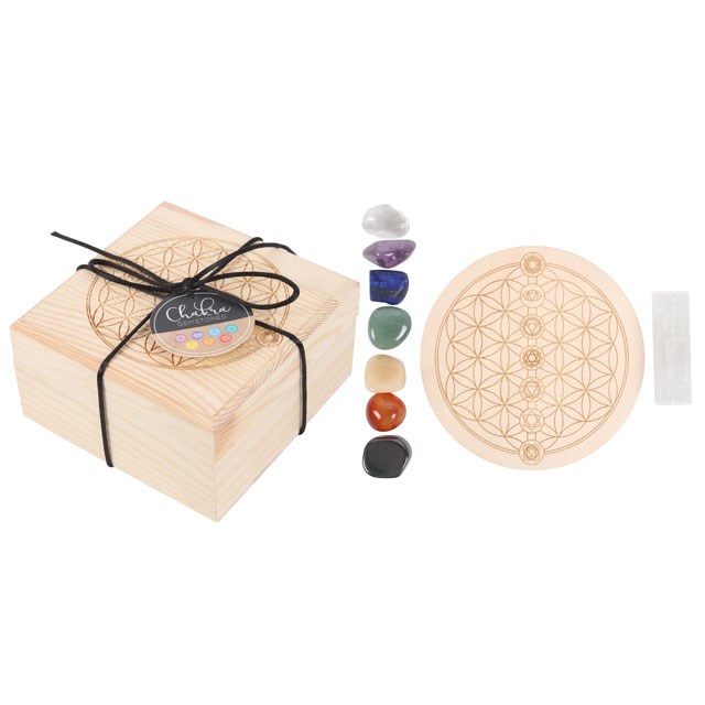 Chakra Crystal Grid Gift Set - Balance Your 7 Chakras with Metaphysical Crystals and Selenite Wand