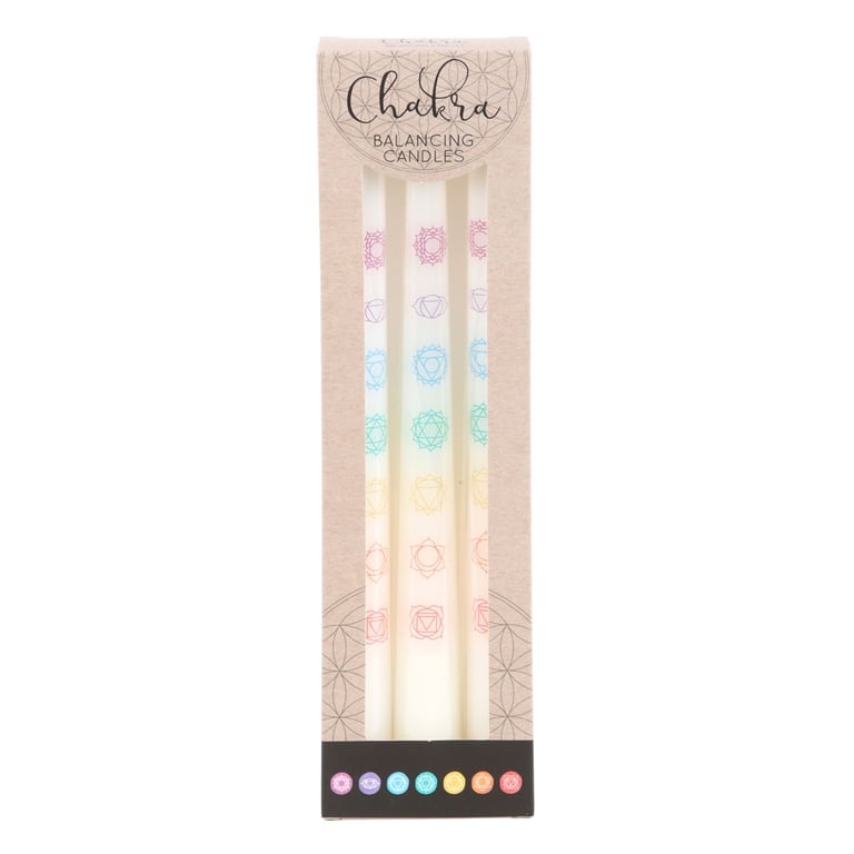 Chakra Balancing Taper Dinner Candles Set - 3 White Tapers with Spiritual Symbolism