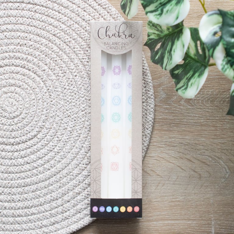 Chakra Balancing Taper Dinner Candles Set - 3 White Tapers with Spiritual Symbolism