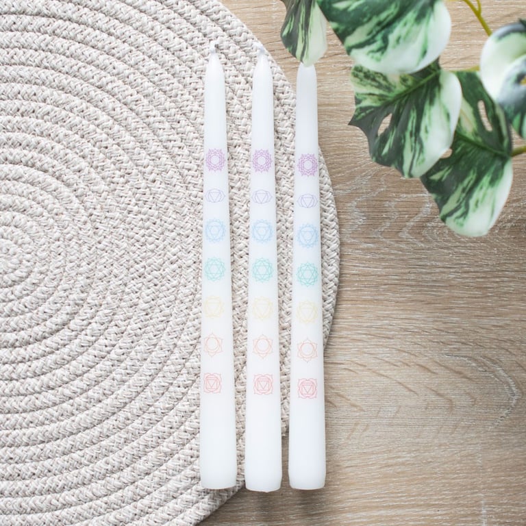 Chakra Balancing Taper Dinner Candles Set - 3 White Tapers with Spiritual Symbolism
