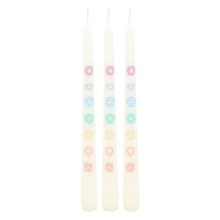 Chakra Balancing Taper Dinner Candles Set - 3 White Tapers with Spiritual Symbolism