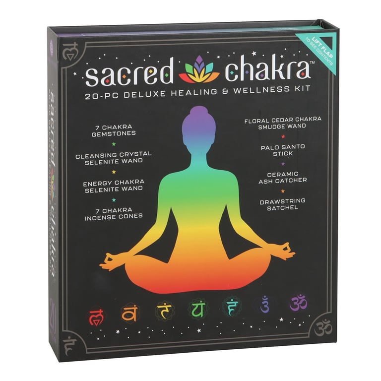 Sacred Chakra Deluxe Healing and Wellness Kit - 7-Tone Energy Balancing Set with Palo Santo & Selenite Wands