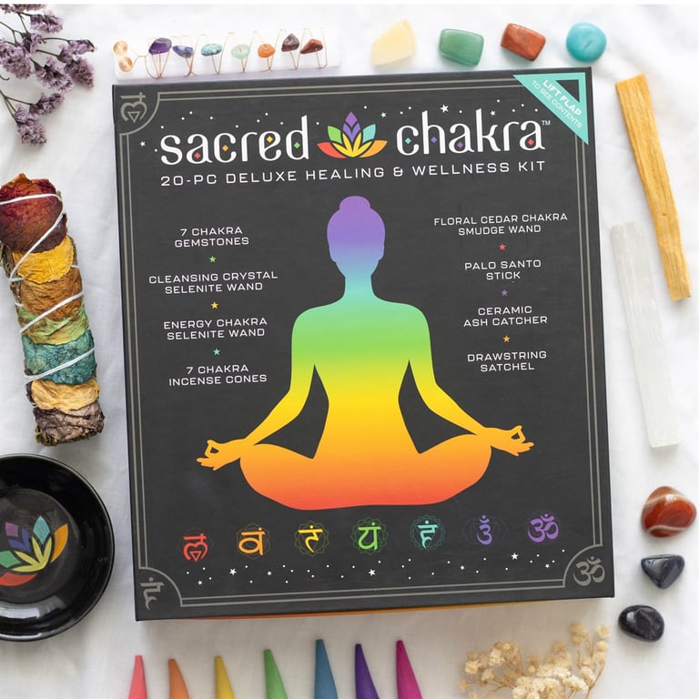 Sacred Chakra Deluxe Healing and Wellness Kit - 7-Tone Energy Balancing Set with Palo Santo & Selenite Wands