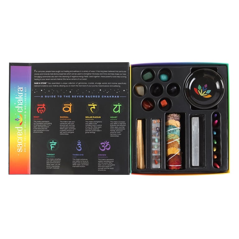 Sacred Chakra Deluxe Healing and Wellness Kit - 7-Tone Energy Balancing Set with Palo Santo & Selenite Wands