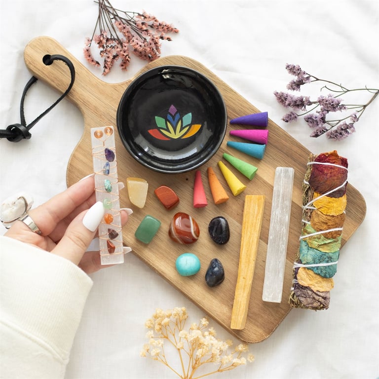 Sacred Chakra Deluxe Healing and Wellness Kit - 7-Tone Energy Balancing Set with Palo Santo & Selenite Wands