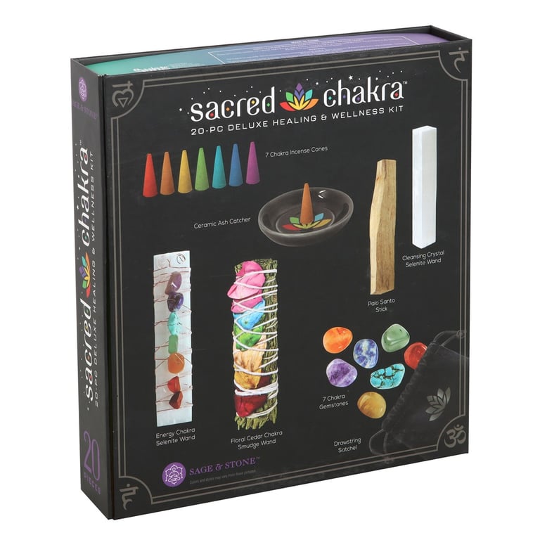 Sacred Chakra Deluxe Healing and Wellness Kit - 7-Tone Energy Balancing Set with Palo Santo & Selenite Wands