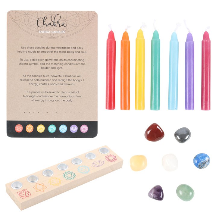 Chakra Energy Candle and Crystal Gift Set - 7 Chakra Candles, Gemstones for Meditation and Balance