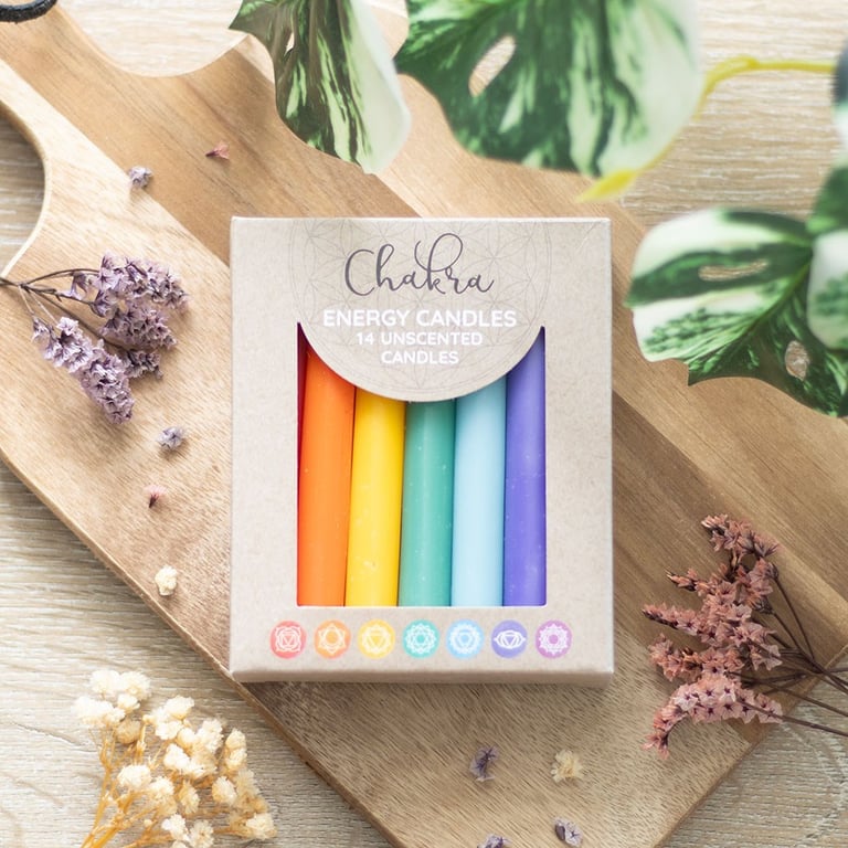 Unscented Chakra Energy Candles Pack - 14 Piece Set for Meditation and Yoga