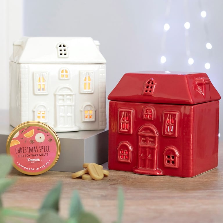 Red Ceramic House Oil Burner - Home Fragrance Diffuser with Tealight Compatibility