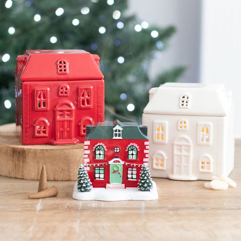 Red Ceramic House Oil Burner - Home Fragrance Diffuser with Tealight Compatibility