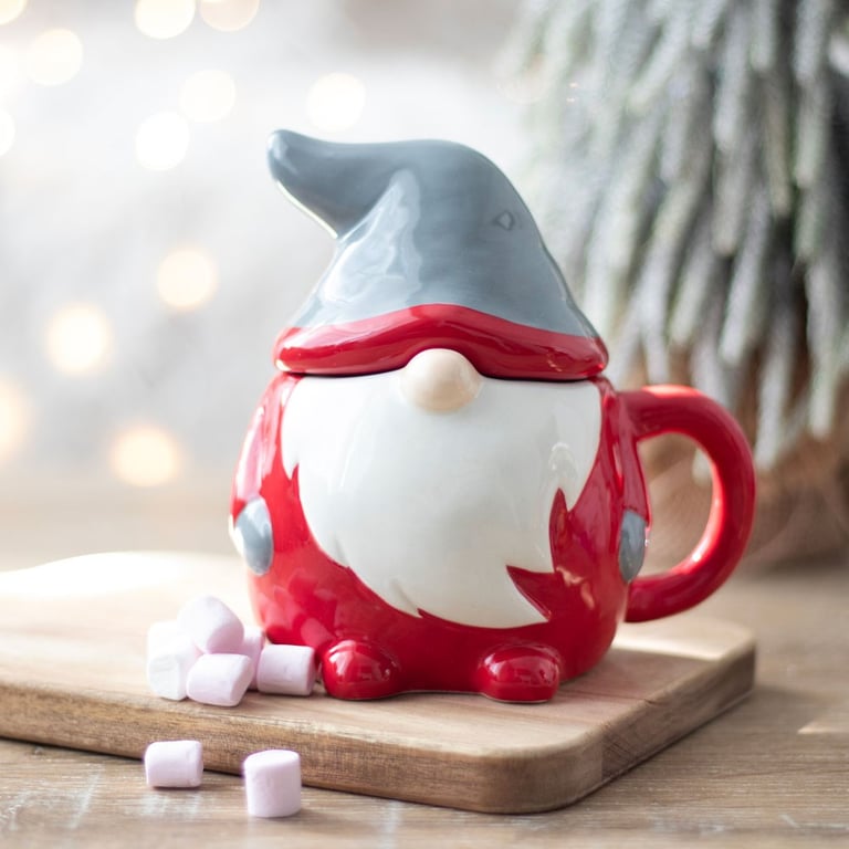 Red and Grey Christmas Gnome Lidded Mug - 300ml Capacity