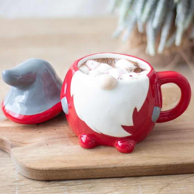 Red and Grey Christmas Gnome Lidded Mug - 300ml Capacity