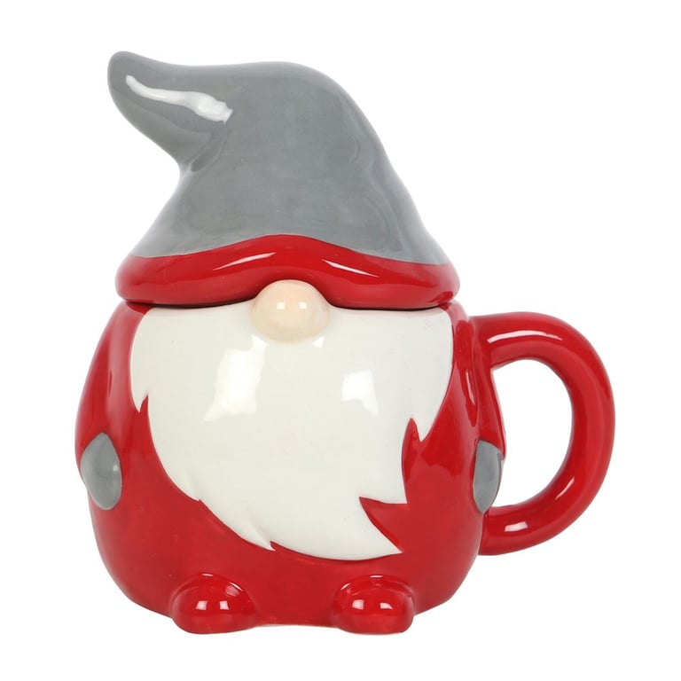 Red and Grey Christmas Gnome Lidded Mug - 300ml Capacity