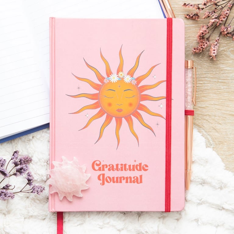 The Sun Gratitude Journal with Rose Quartz Pen - Daily Reflections and Mindful Expressions