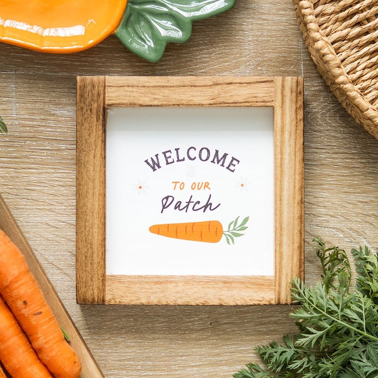 Welcome to Our Patch Wooden Frame Sign - Cute Bunny and Carrot Home Decor