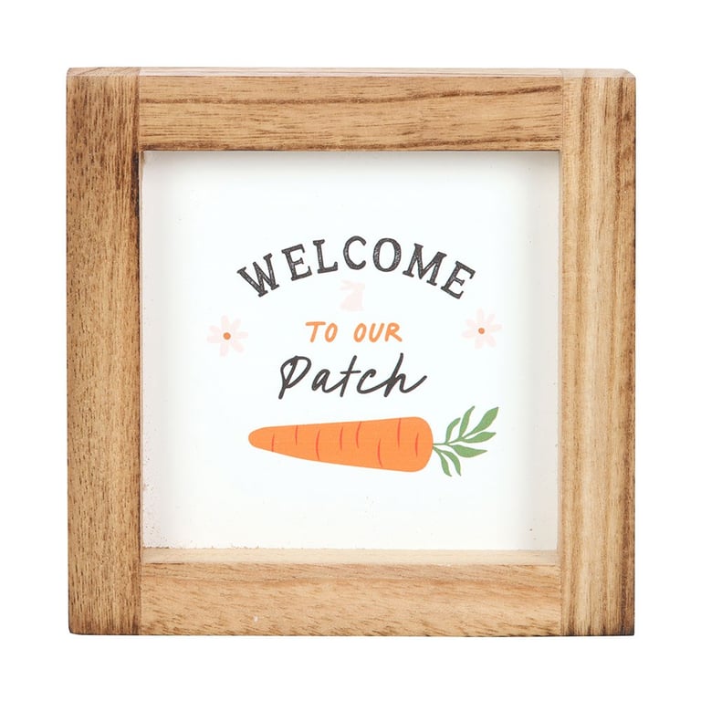 Welcome to Our Patch Wooden Frame Sign - Cute Bunny and Carrot Home Decor