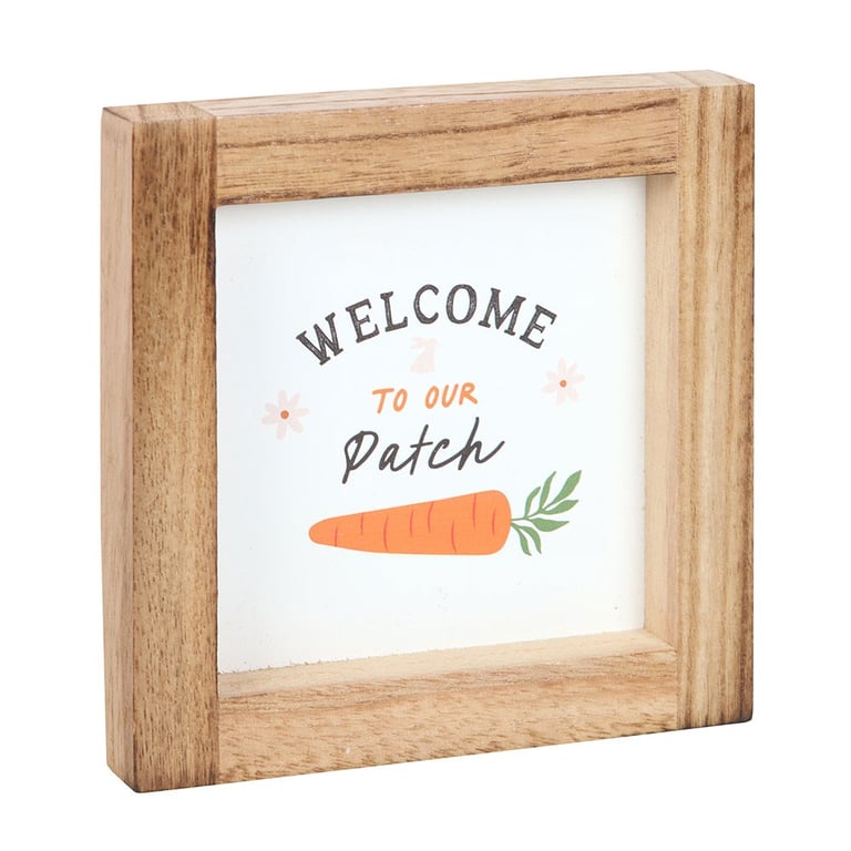 Welcome to Our Patch Wooden Frame Sign - Cute Bunny and Carrot Home Decor