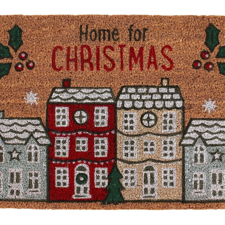 Natural Home For Christmas Doormat - Festive Indoor and Sheltered Outdoor Welcome Mat