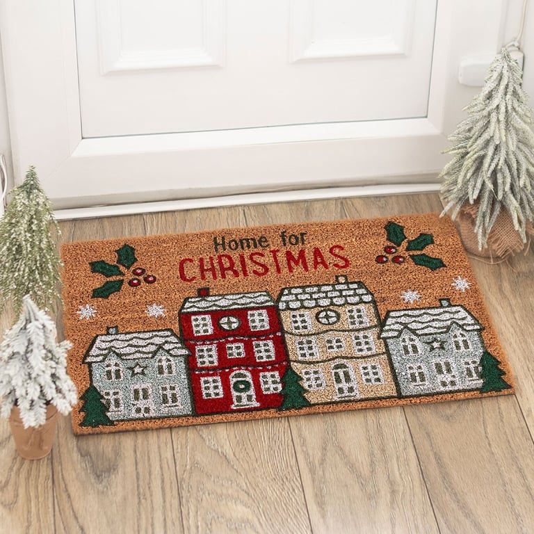 Natural Home For Christmas Doormat - Festive Indoor and Sheltered Outdoor Welcome Mat