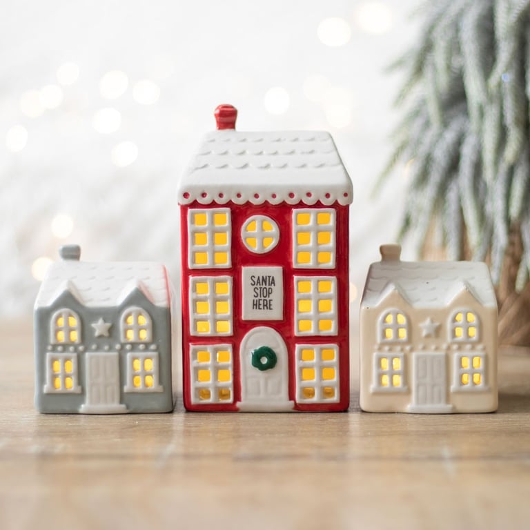 Set of 3 Light Up LED Ceramic Christmas Houses - Festive Holiday Village Decor