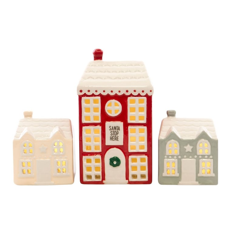 Set of 3 Light Up LED Ceramic Christmas Houses - Festive Holiday Village Decor