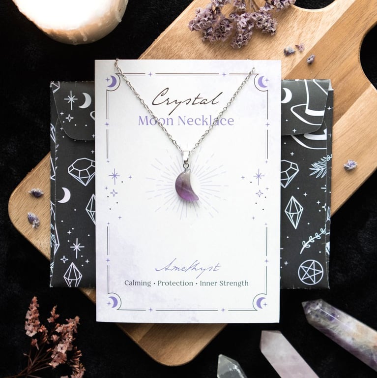 Amethyst Crystal Moon Necklace Greeting Card Gift Set