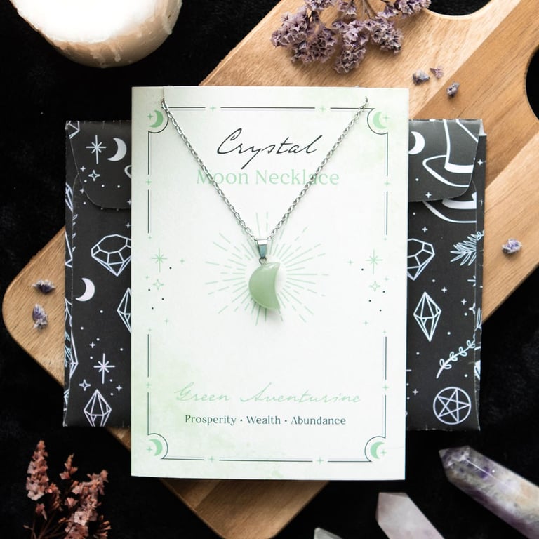 Green Aventurine Crystal Moon Necklace - Prosperity and Abundance Greeting Card Gift
