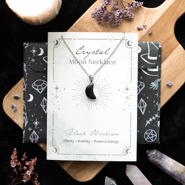Black Obsidian Crystal Moon Necklace - Enhance Clarity & Positive Energy with Crystal Magic
