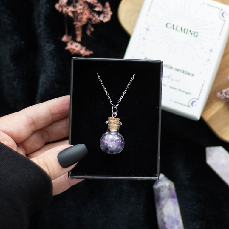 Amethyst Crystal Potion Bottle Necklace - Calming Energy & Inner Strength