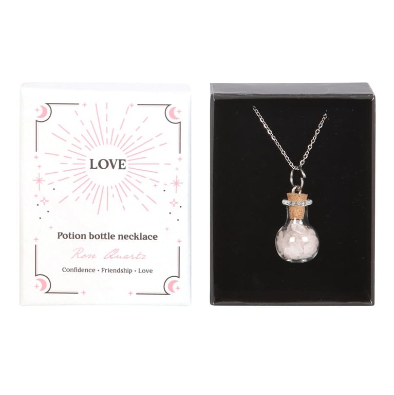 Love Rose Quartz Crystal Chip Potion Bottle Necklace - Attract Love and Confidence with this Spellbinding Accessory