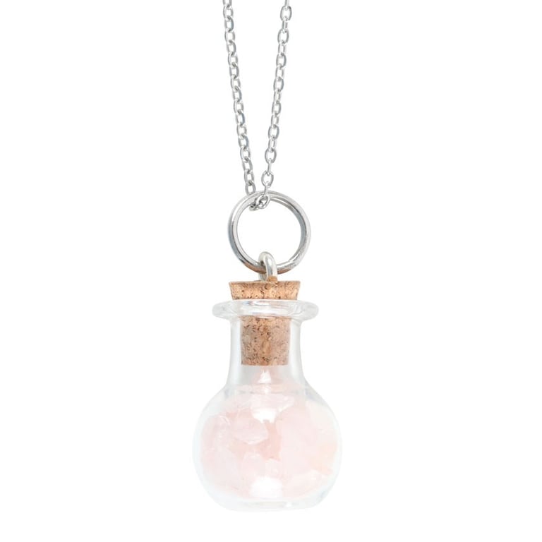 Love Rose Quartz Crystal Chip Potion Bottle Necklace - Attract Love and Confidence with this Spellbinding Accessory