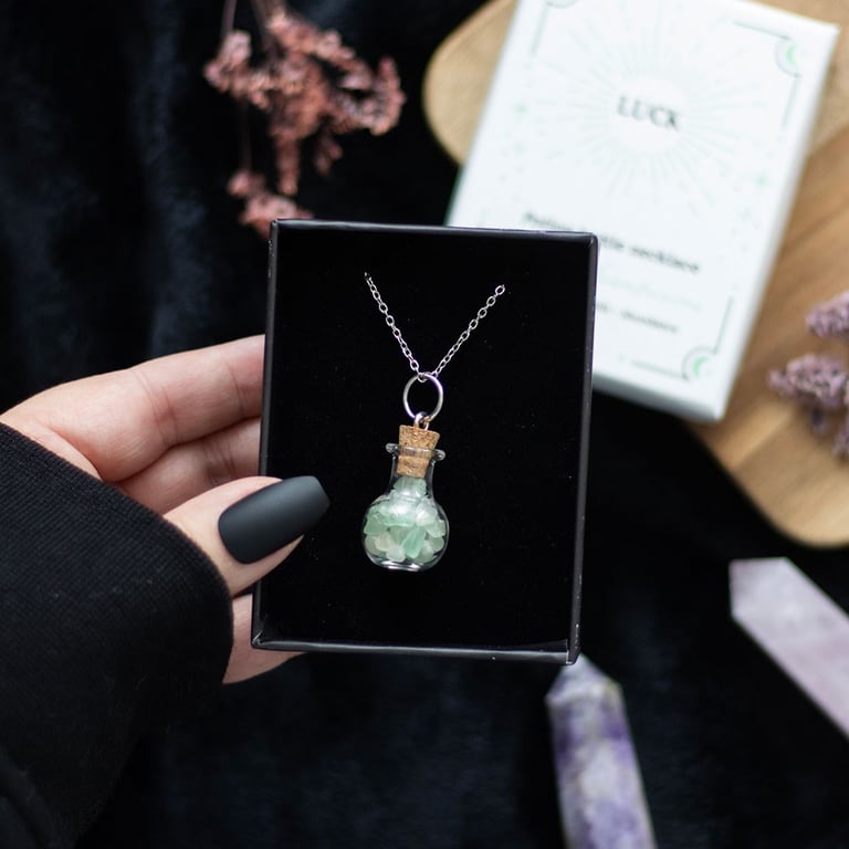 Green Aventurine Crystal Potion Bottle Necklace - Attract Luck & Prosperity