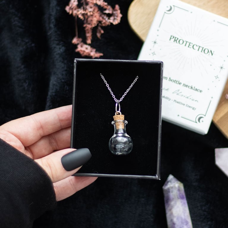 Black Obsidian Crystal Potion Bottle Necklace - Negative Energy Repellent & Stability Promoting Pendant