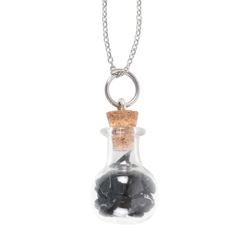 Black Obsidian Crystal Potion Bottle Necklace - Negative Energy Repellent & Stability Promoting Pendant
