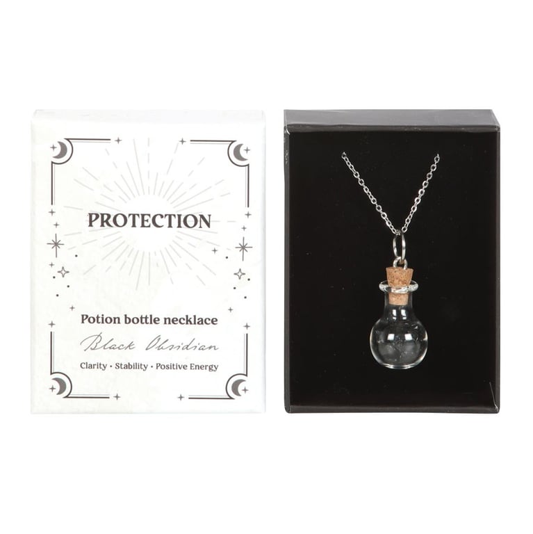 Black Obsidian Crystal Potion Bottle Necklace - Negative Energy Repellent & Stability Promoting Pendant
