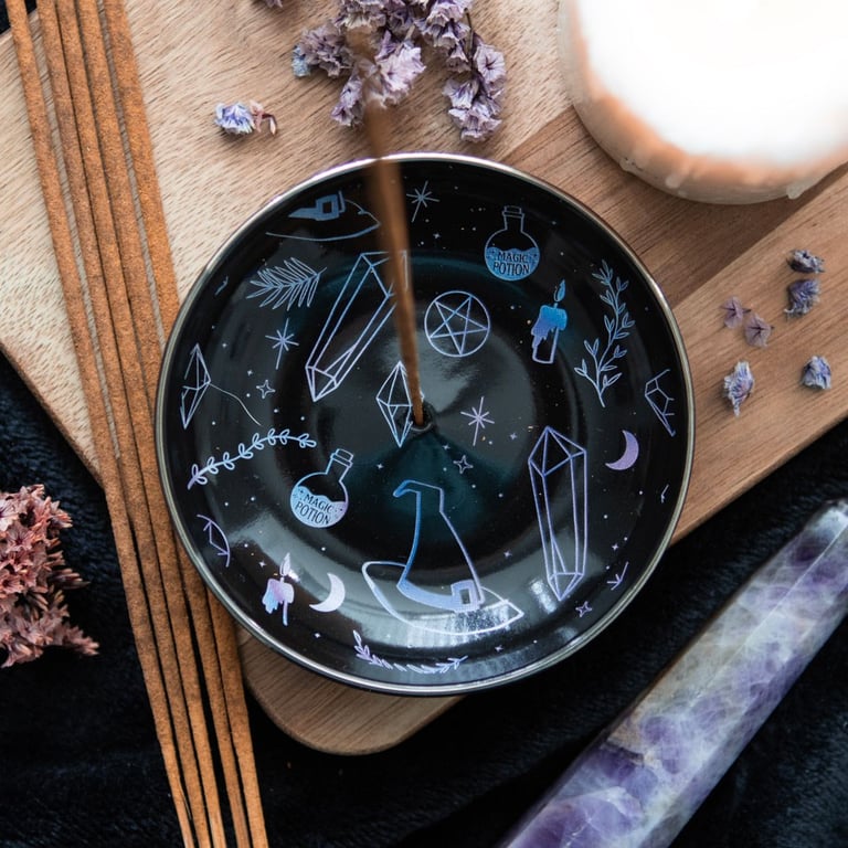 Crystal Witch Incense Holder Plate - Elegant Crystal and Witch Themed Dish for Incense Sticks and Cones