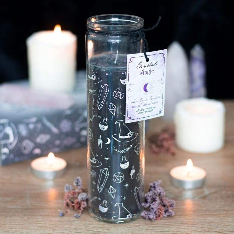 Crystal Witch Jasmine Tube Candle with Amethyst Chips - 7 Hour Burn, Vegan Paraffin Wax