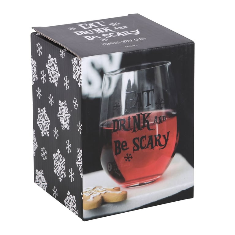 Eat, Drink & Be Scary 600ml Stemless Glass with Black Snowflakes Design