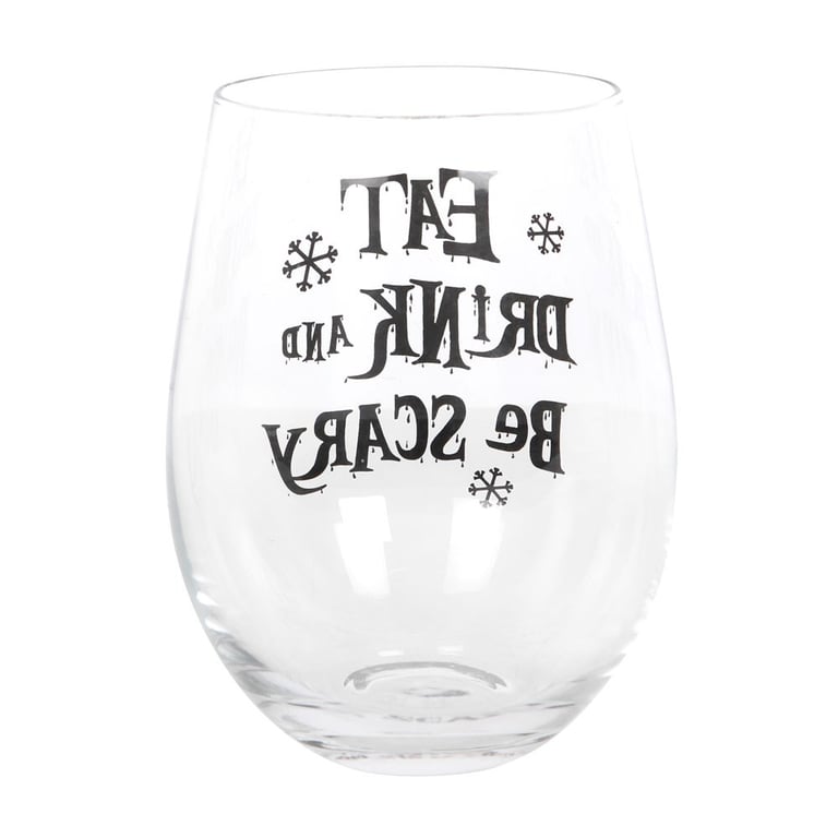 Eat, Drink & Be Scary 600ml Stemless Glass with Black Snowflakes Design