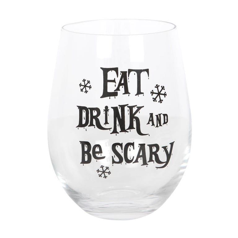 Eat, Drink & Be Scary 600ml Stemless Glass with Black Snowflakes Design