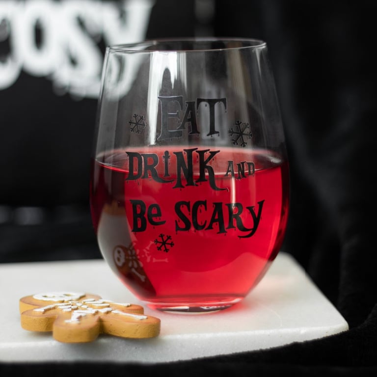 Eat, Drink & Be Scary 600ml Stemless Glass with Black Snowflakes Design