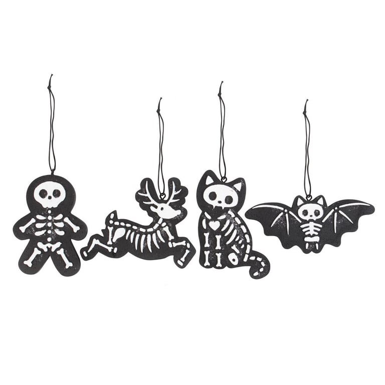 Black Creepy Skeleton Cookie Ornaments - Spooky Christmas Tree Decorations Set of 4