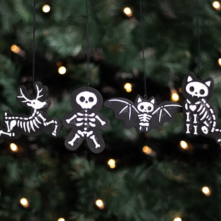 Black Creepy Skeleton Cookie Ornaments - Spooky Christmas Tree Decorations Set of 4